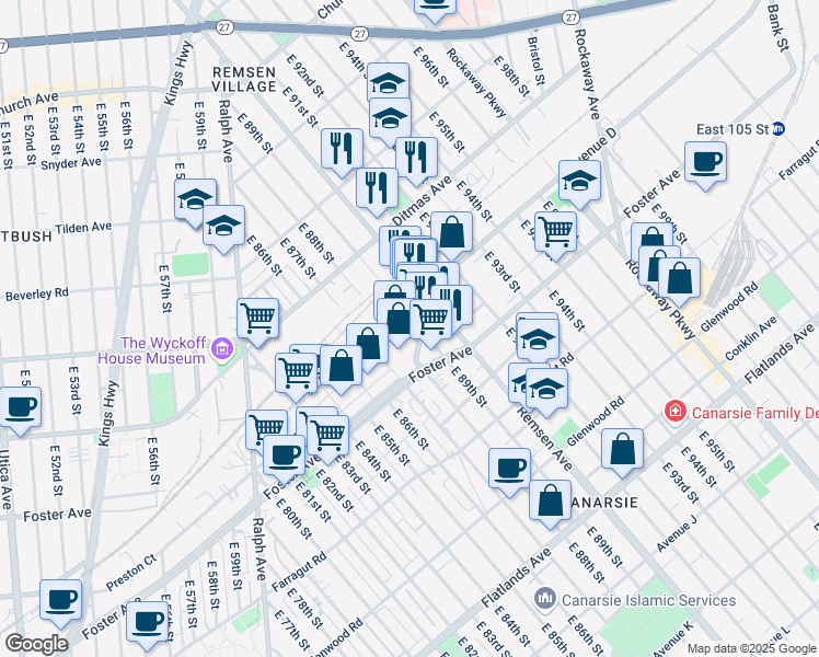 map of restaurants, bars, coffee shops, grocery stores, and more near 8925 Avenue D in Brooklyn