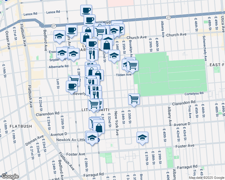 map of restaurants, bars, coffee shops, grocery stores, and more near 3201 Beverley Road in Brooklyn