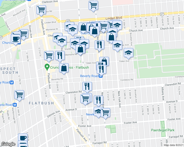 map of restaurants, bars, coffee shops, grocery stores, and more near 159 East 29th Street in Brooklyn