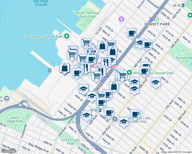 map of restaurants, bars, coffee shops, grocery stores, and more near 238 55th Street in Brooklyn