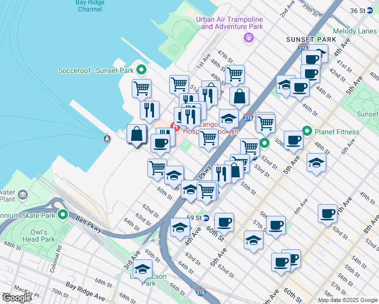 map of restaurants, bars, coffee shops, grocery stores, and more near 238 55th Street in Brooklyn
