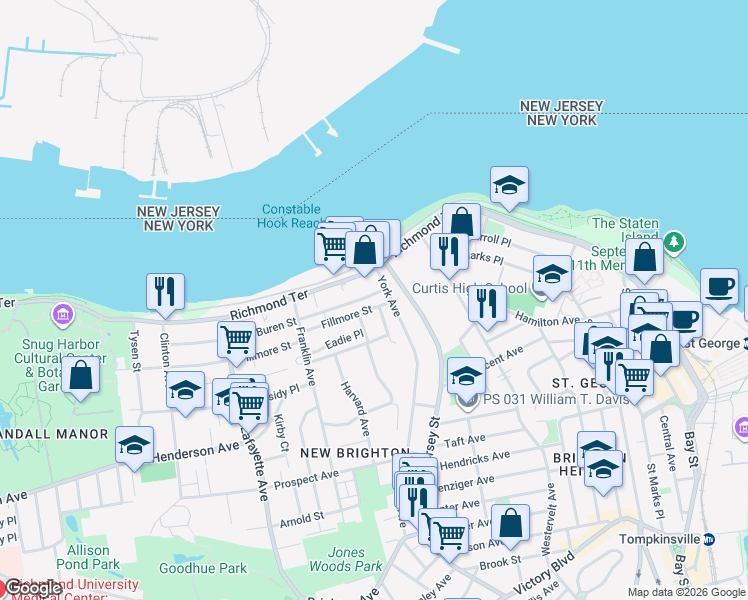 map of restaurants, bars, coffee shops, grocery stores, and more near 18 Van Buren Street in Staten Island