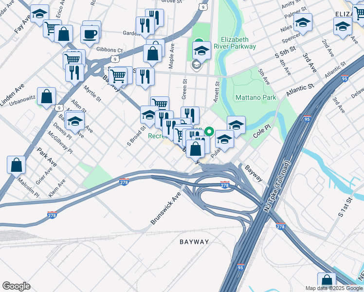 map of restaurants, bars, coffee shops, grocery stores, and more near 562 Bayway Avenue in Elizabeth