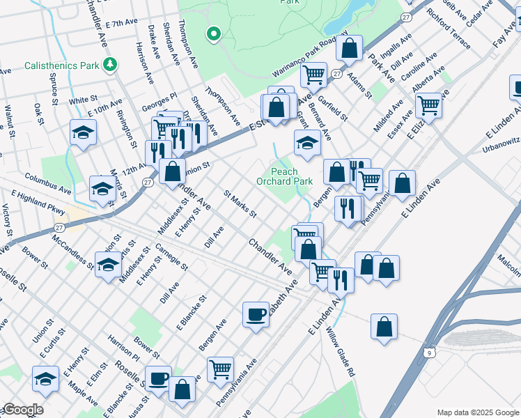 map of restaurants, bars, coffee shops, grocery stores, and more near 509 Cranford Avenue in Linden