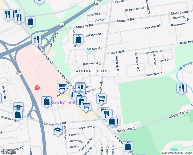 map of restaurants, bars, coffee shops, grocery stores, and more near 1325 Westgate Drive in Bethlehem