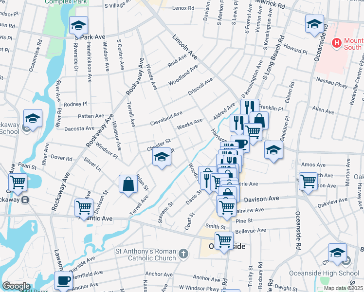 map of restaurants, bars, coffee shops, grocery stores, and more near Woods Avenue & Charles Street in Oceanside