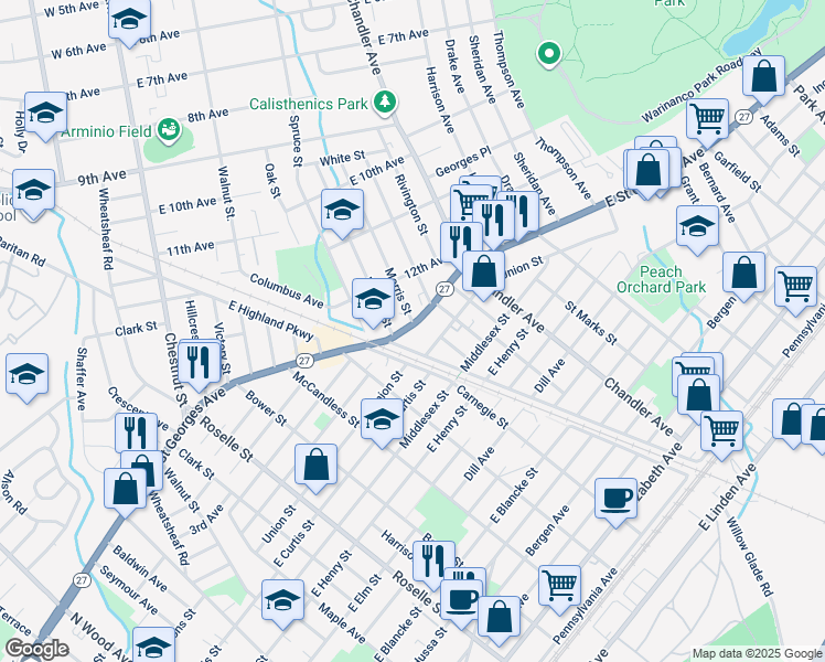 map of restaurants, bars, coffee shops, grocery stores, and more near 1140 East Saint Georges Avenue in Linden
