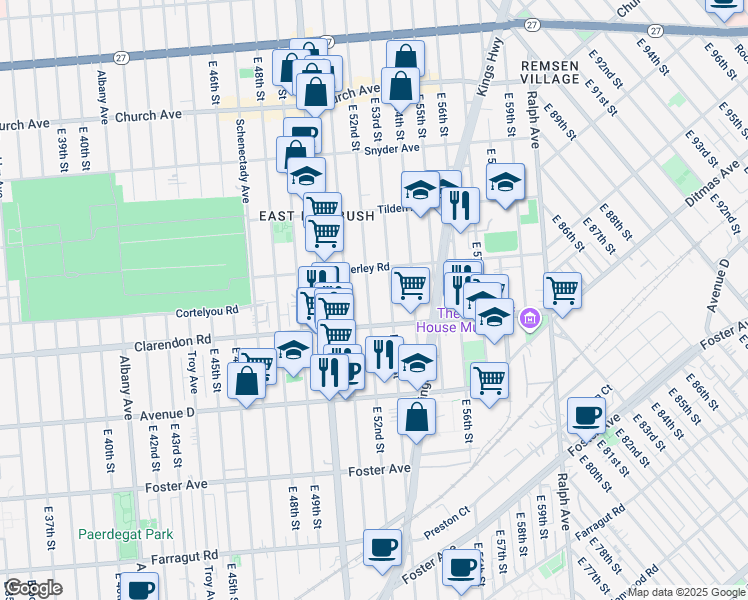 map of restaurants, bars, coffee shops, grocery stores, and more near 615 East 52nd Street in Brooklyn