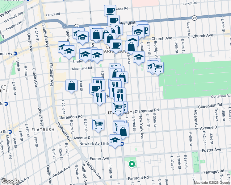 map of restaurants, bars, coffee shops, grocery stores, and more near 159 East 29th Street in Brooklyn