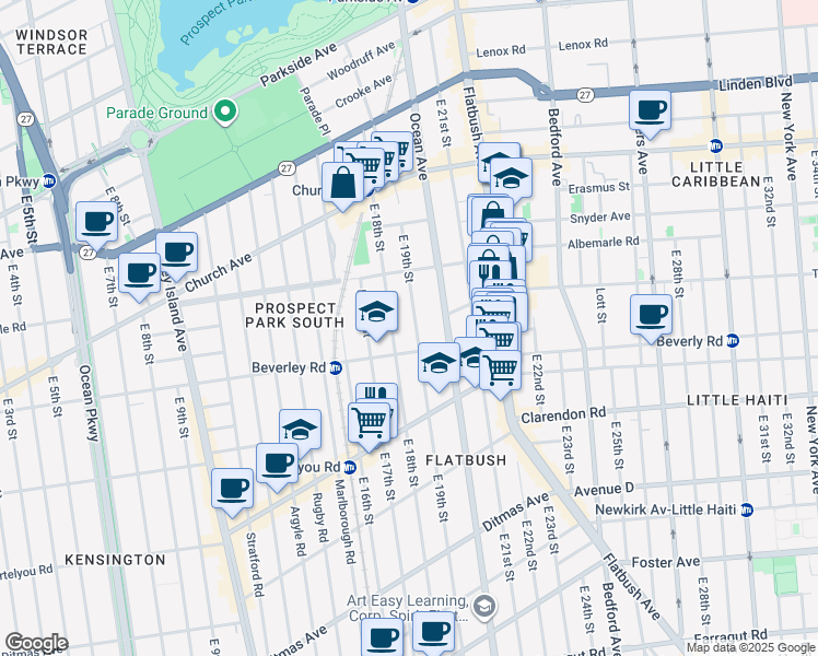 map of restaurants, bars, coffee shops, grocery stores, and more near 170 East 19th Street in Brooklyn