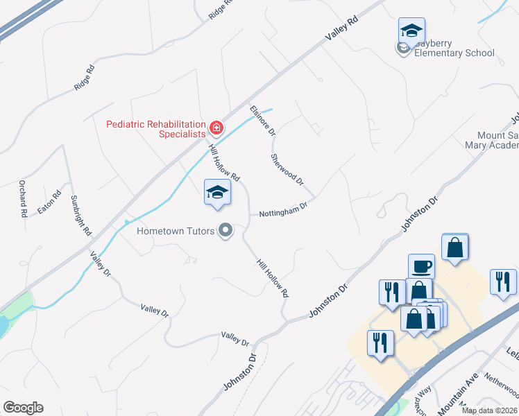 map of restaurants, bars, coffee shops, grocery stores, and more near 15 Nottingham Drive in Watchung