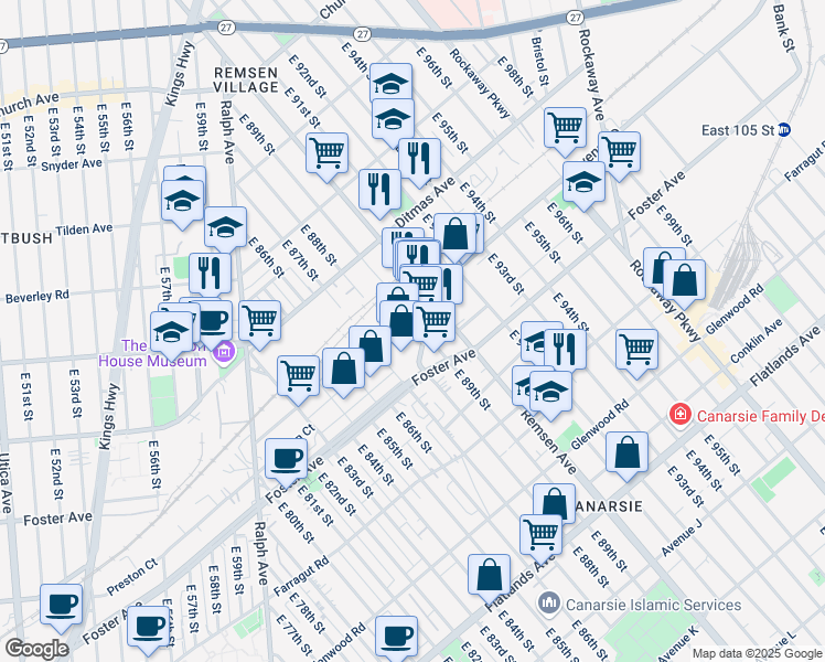 map of restaurants, bars, coffee shops, grocery stores, and more near 8719 Avenue D in Brooklyn