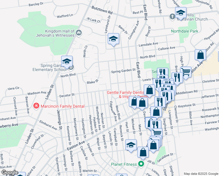 map of restaurants, bars, coffee shops, grocery stores, and more near 1125 Decatur Street in Bethlehem