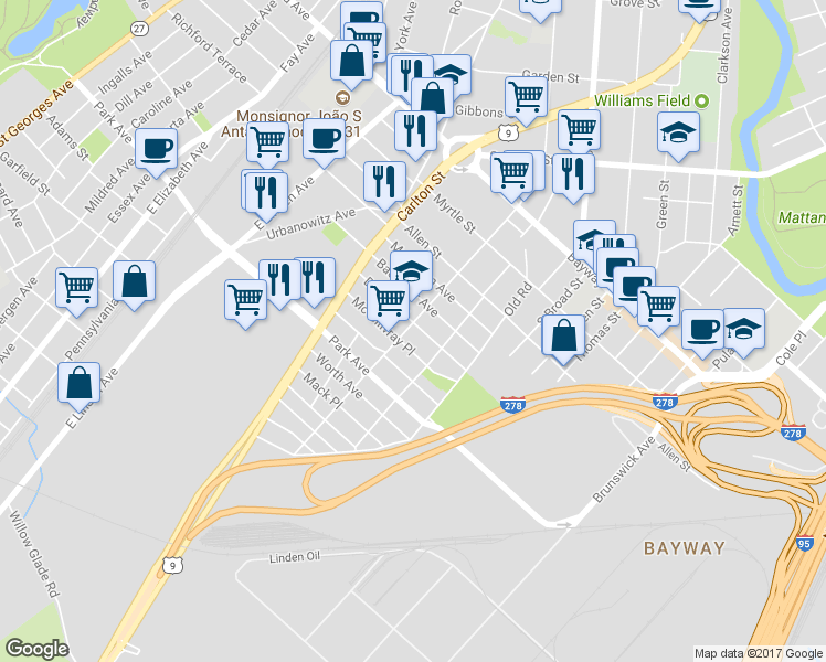 map of restaurants, bars, coffee shops, grocery stores, and more near 802 Dennis Place in Linden