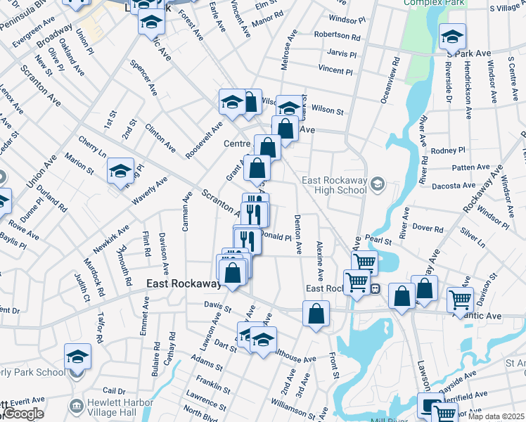 map of restaurants, bars, coffee shops, grocery stores, and more near 390 Atlantic Avenue in East Rockaway