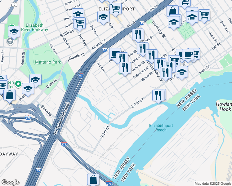 map of restaurants, bars, coffee shops, grocery stores, and more near 304 South Second Street in Elizabeth