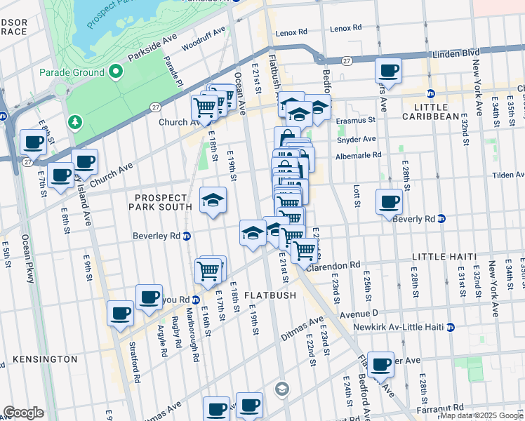 map of restaurants, bars, coffee shops, grocery stores, and more near 711 Ocean Avenue in Brooklyn
