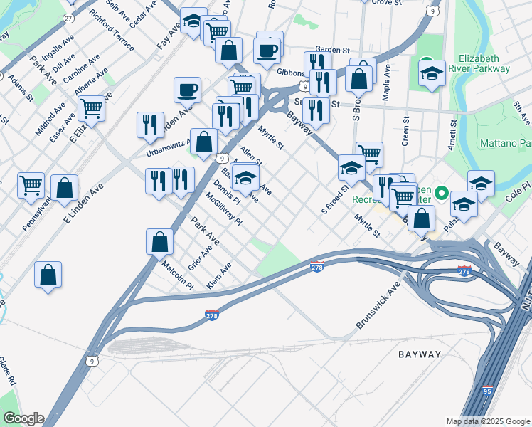 map of restaurants, bars, coffee shops, grocery stores, and more near 840 Bacheller Avenue in Linden