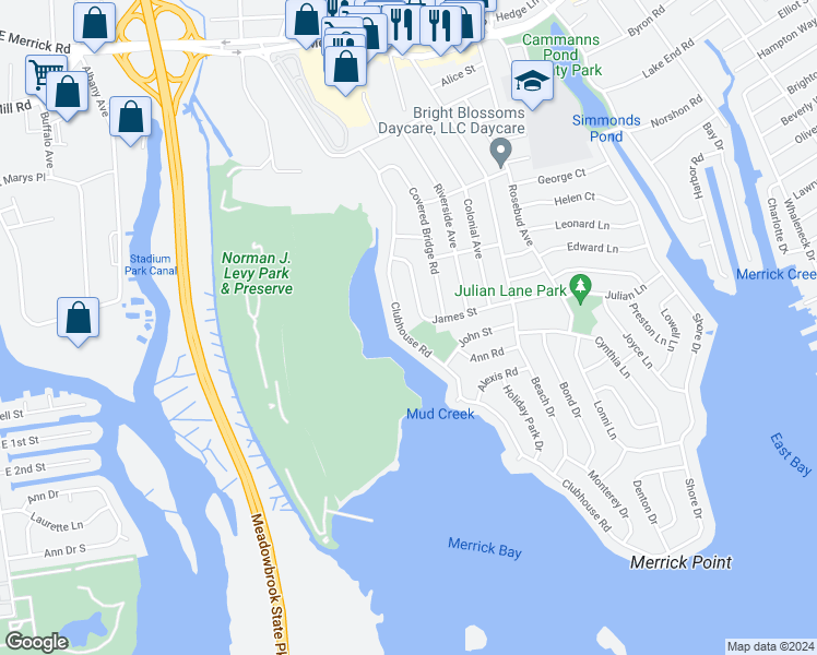 map of restaurants, bars, coffee shops, grocery stores, and more near 2857 Clubhouse Road in Merrick