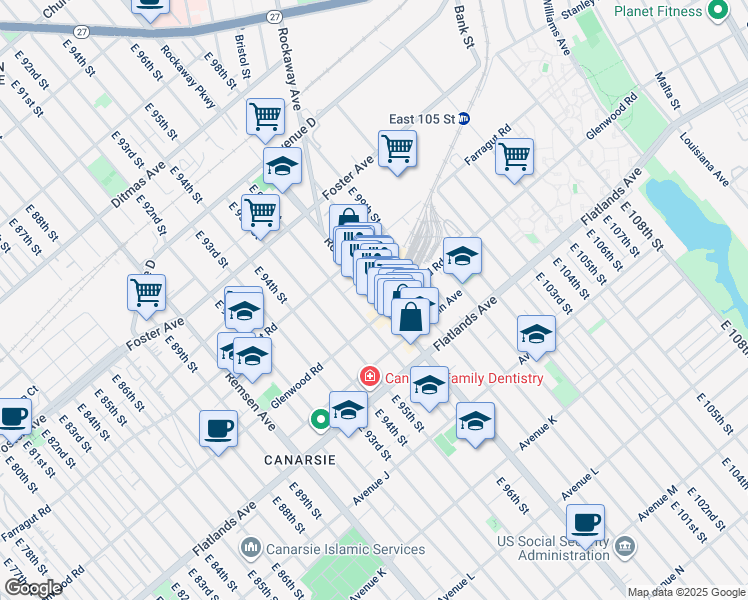 map of restaurants, bars, coffee shops, grocery stores, and more near 1041 East 96th Street in Brooklyn