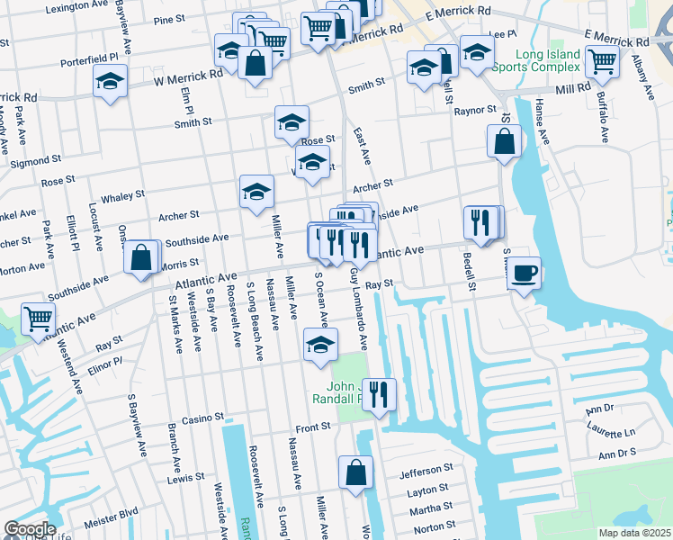 map of restaurants, bars, coffee shops, grocery stores, and more near 183 Atlantic Avenue in Freeport