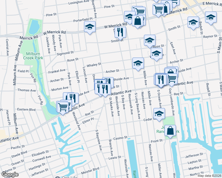 map of restaurants, bars, coffee shops, grocery stores, and more near 31 Morris Street in Freeport