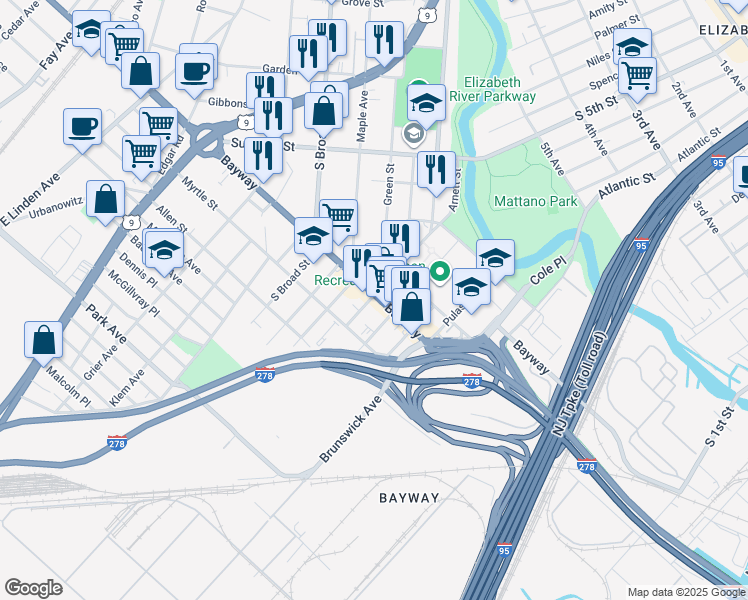 map of restaurants, bars, coffee shops, grocery stores, and more near 562 Bayway Avenue in Elizabeth