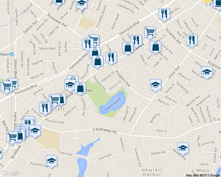 map of restaurants, bars, coffee shops, grocery stores, and more near 1718 Slocum Street in Hewlett