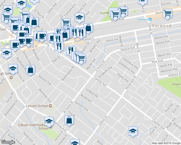 map of restaurants, bars, coffee shops, grocery stores, and more near 773 Central Avenue in Westfield