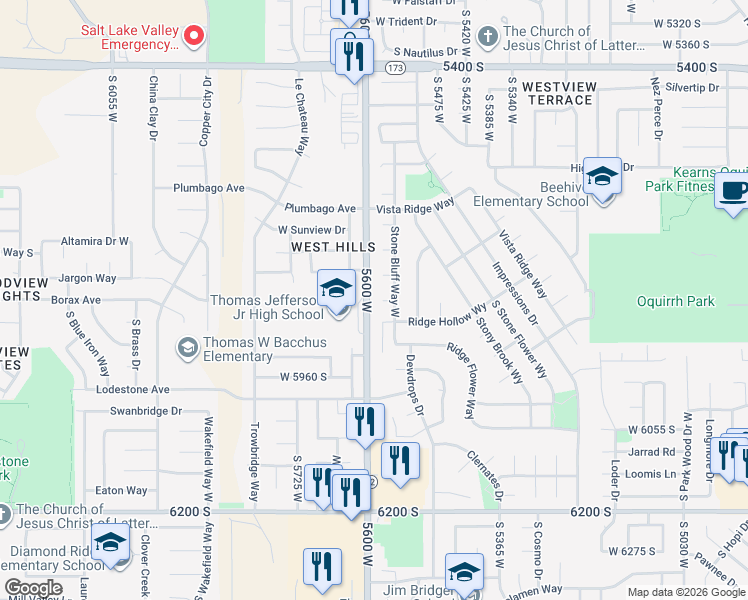 map of restaurants, bars, coffee shops, grocery stores, and more near 5581 Rock Rose Circle in Salt Lake City