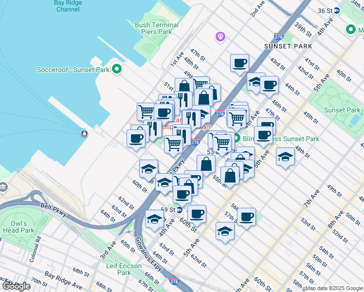 map of restaurants, bars, coffee shops, grocery stores, and more near 5418 3rd Avenue in Brooklyn