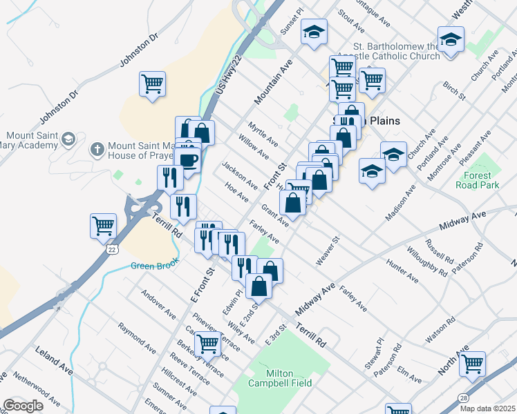 map of restaurants, bars, coffee shops, grocery stores, and more near 409 Grant Avenue in Scotch Plains