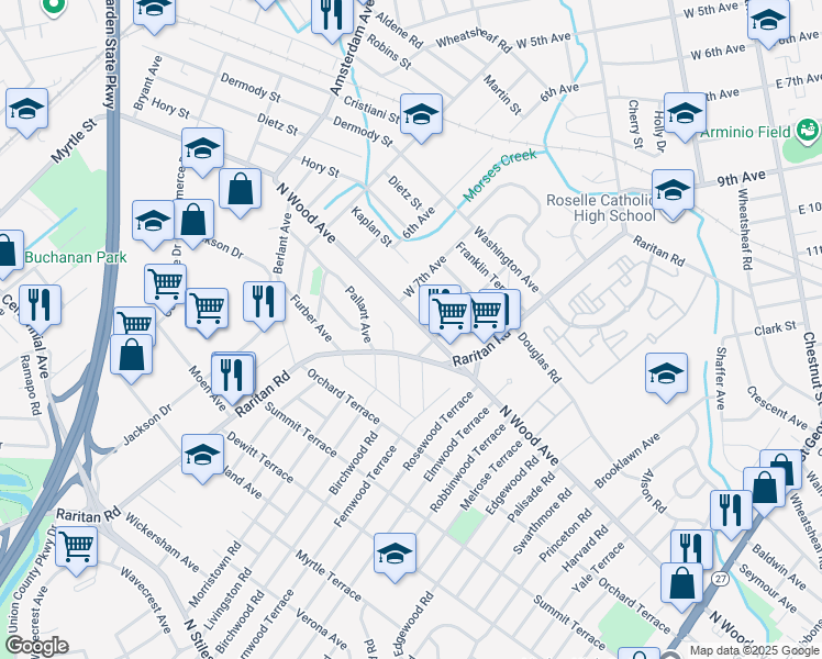 map of restaurants, bars, coffee shops, grocery stores, and more near 2517 North Wood Avenue in Linden