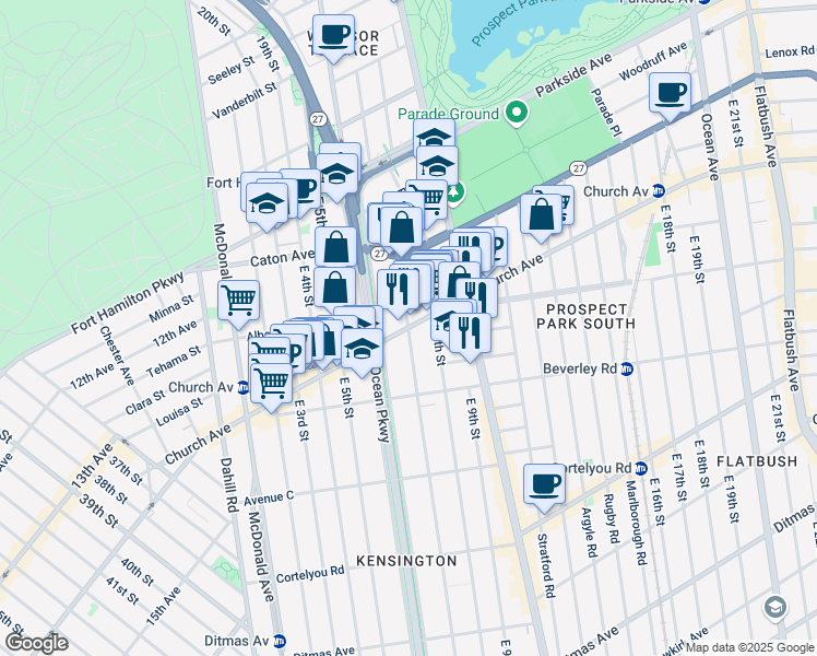 map of restaurants, bars, coffee shops, grocery stores, and more near Church Ave & E 7th St in Brooklyn