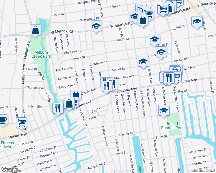 map of restaurants, bars, coffee shops, grocery stores, and more near 336 South Bayview Avenue in Freeport