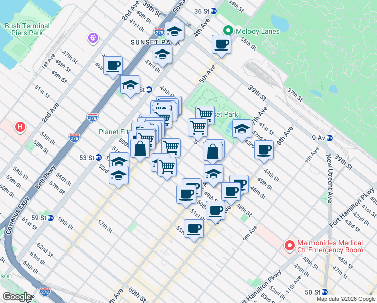 map of restaurants, bars, coffee shops, grocery stores, and more near 47th St & 6th Ave in Brooklyn