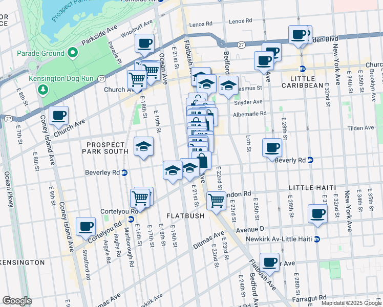 map of restaurants, bars, coffee shops, grocery stores, and more near 365 East 21st Street in Brooklyn