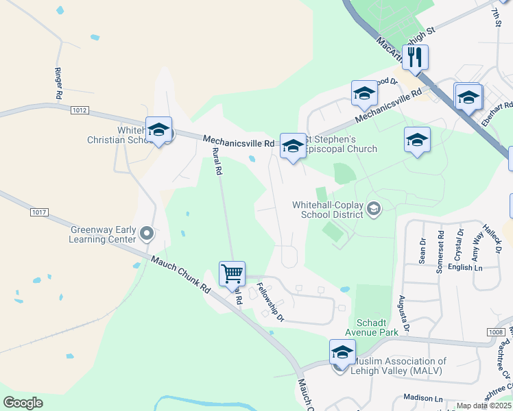 map of restaurants, bars, coffee shops, grocery stores, and more near 3907 Elizabeth Court in Lehigh County