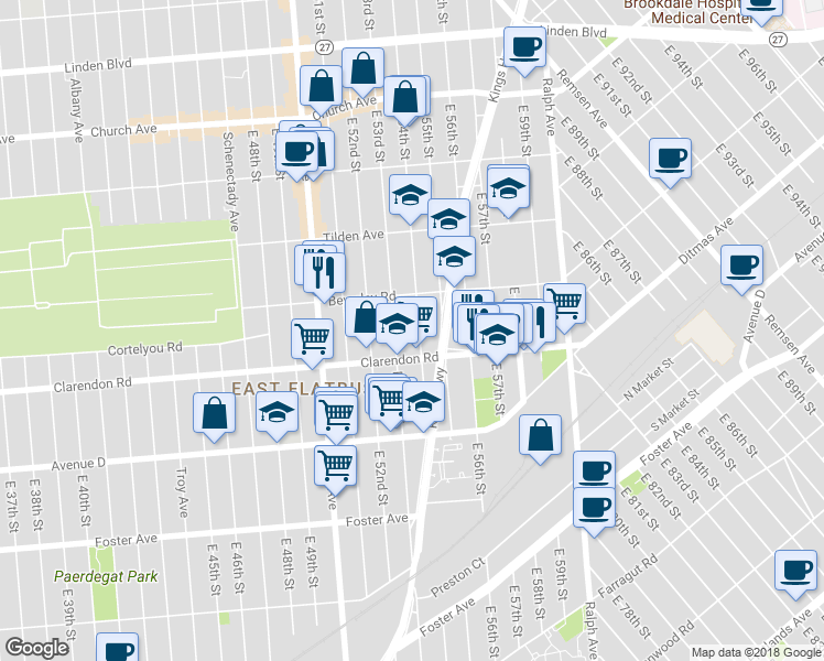 map of restaurants, bars, coffee shops, grocery stores, and more near 532 East 54th Street in Brooklyn