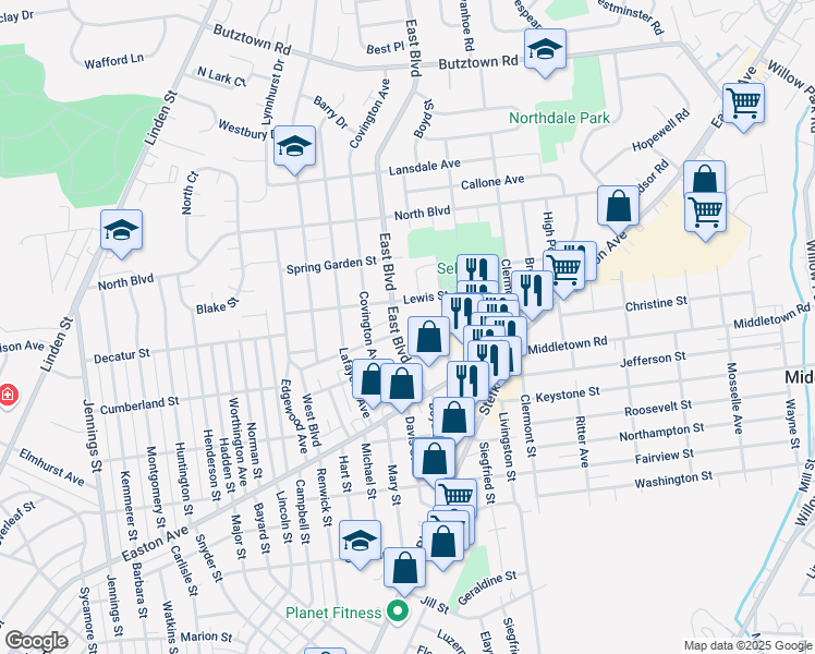 map of restaurants, bars, coffee shops, grocery stores, and more near 2210 East Boulevard in Bethlehem
