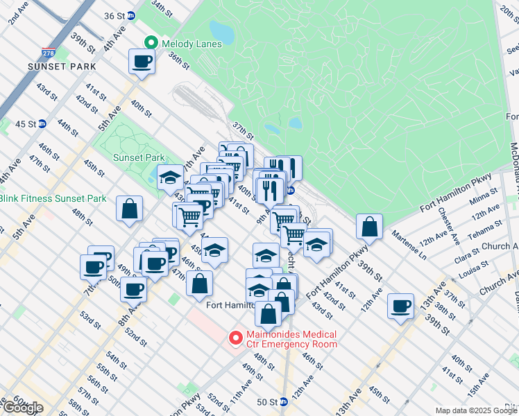 map of restaurants, bars, coffee shops, grocery stores, and more near 874 40th Street in Brooklyn