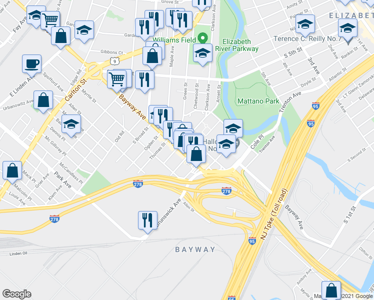 map of restaurants, bars, coffee shops, grocery stores, and more near 545 Bayway Avenue in Elizabeth