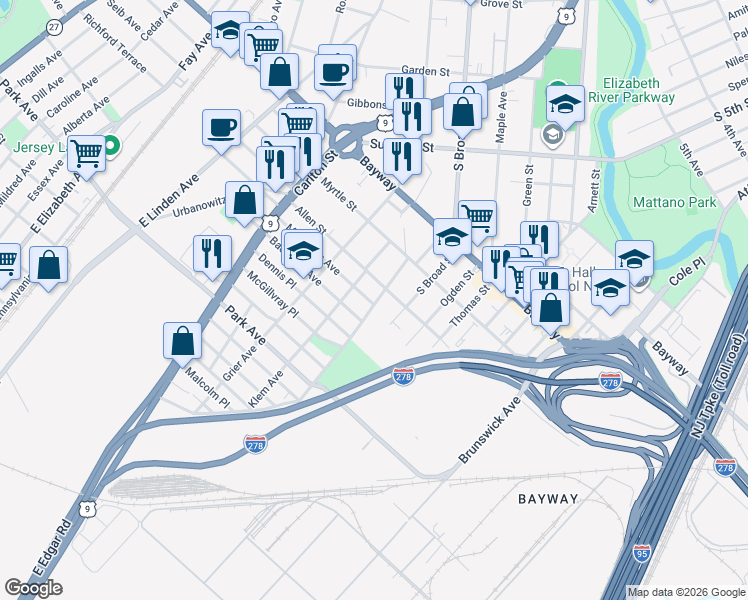 map of restaurants, bars, coffee shops, grocery stores, and more near 937 Meacham Avenue in Linden