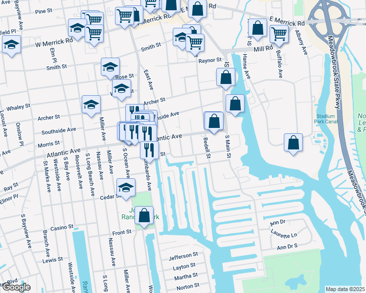 map of restaurants, bars, coffee shops, grocery stores, and more near 69 Hayes Street in Freeport