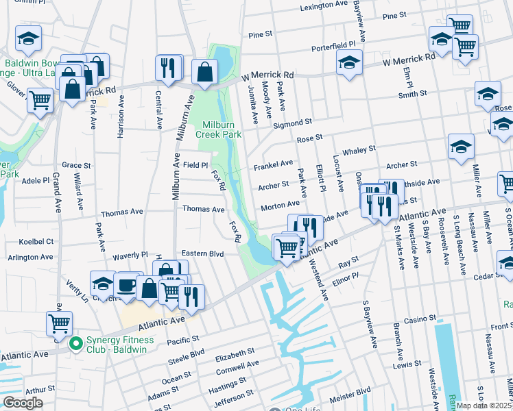 map of restaurants, bars, coffee shops, grocery stores, and more near 68 Morton Avenue in Freeport