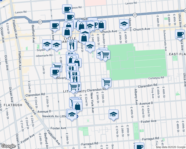 map of restaurants, bars, coffee shops, grocery stores, and more near 460 East 34th Street in Brooklyn
