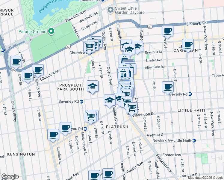 map of restaurants, bars, coffee shops, grocery stores, and more near 701 Ocean Avenue in Brooklyn