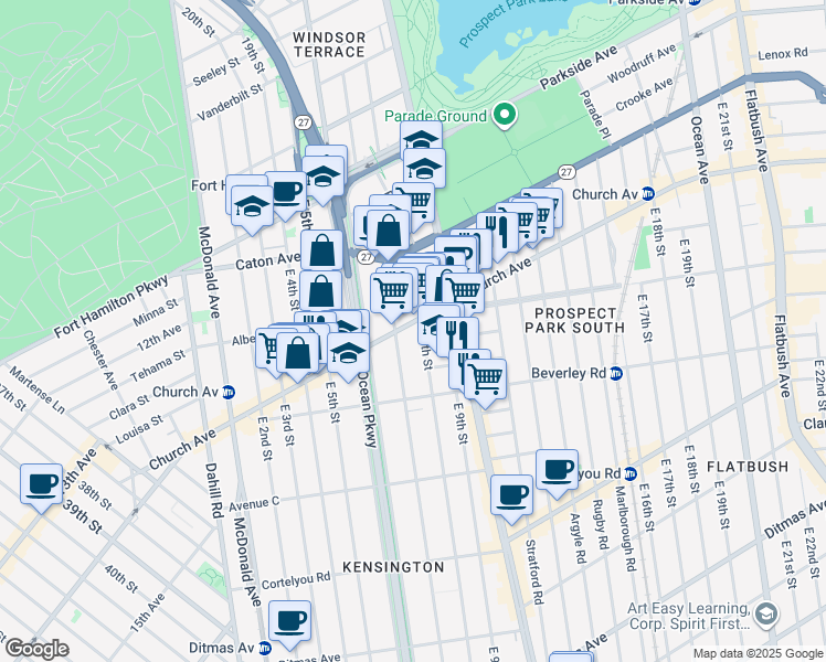 map of restaurants, bars, coffee shops, grocery stores, and more near 722 Church Avenue in Brooklyn