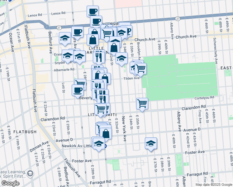 map of restaurants, bars, coffee shops, grocery stores, and more near 3201 Beverley Road in Brooklyn