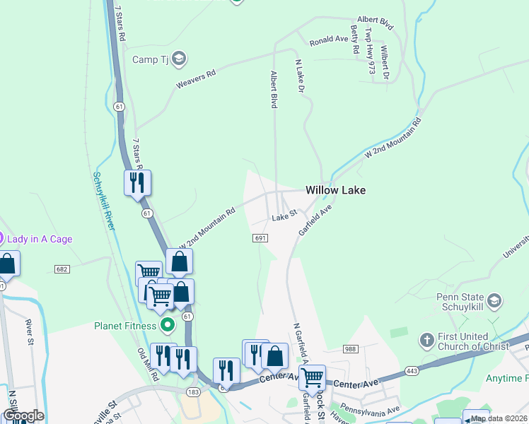 map of restaurants, bars, coffee shops, grocery stores, and more near 10 Arco Road in Pottsville